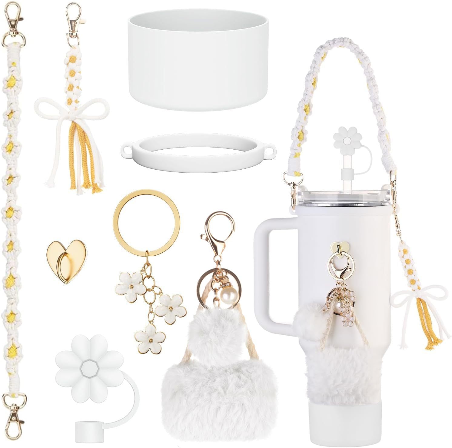 Wholesale Water cup braided hand rope thermos cup chain love hook fur ball key chain set